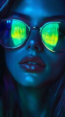 Woman wearing sunglasses reflecting green neon light