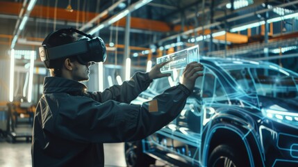 A person using augmented reality glasses works on a futuristic holographic car design in a high-tech laboratory.