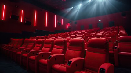 Movie theater with red seats and dramatic lighting from ceiling showcasing cinema interior and theatrical atmosphere concept