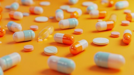 Assorted colorful capsules and tablets spread across an orange background, representing a variety of medicines.