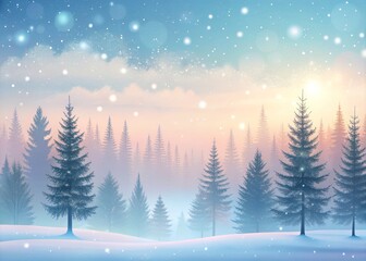 Snowy Whimsy Morning misty forest landscape with snowflakes gently falling, vector-style tree silhouettes, soft pastel hues, dreamy atmosphere, minimalist composition, and subtle particle effects.