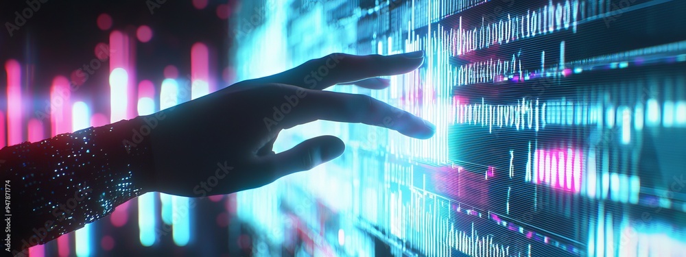 Poster (ai) ui by hand touching cpu icon with machine deep learning and data mining.