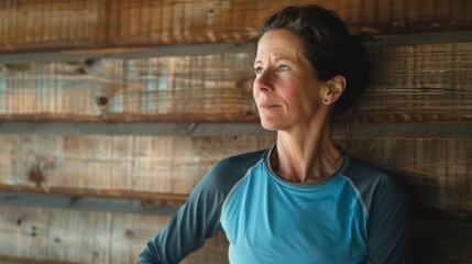 Obraz premium A serene woman leans against a rustic wooden wall, appearing reflective and at peace, perhaps contemplating her next adventure.