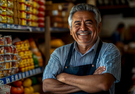 Happy Hispanic senior man standing with arms crossed in a grocery store, in front of shelves of goods.