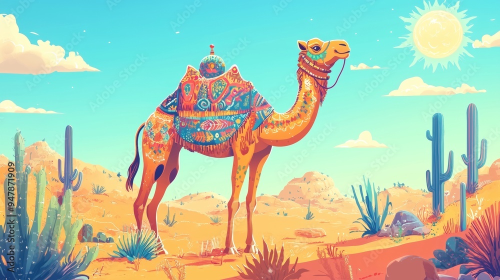 Wall mural Vibrant Camel Trekking Through Arid Desert Landscape with Cacti and Bright Sun