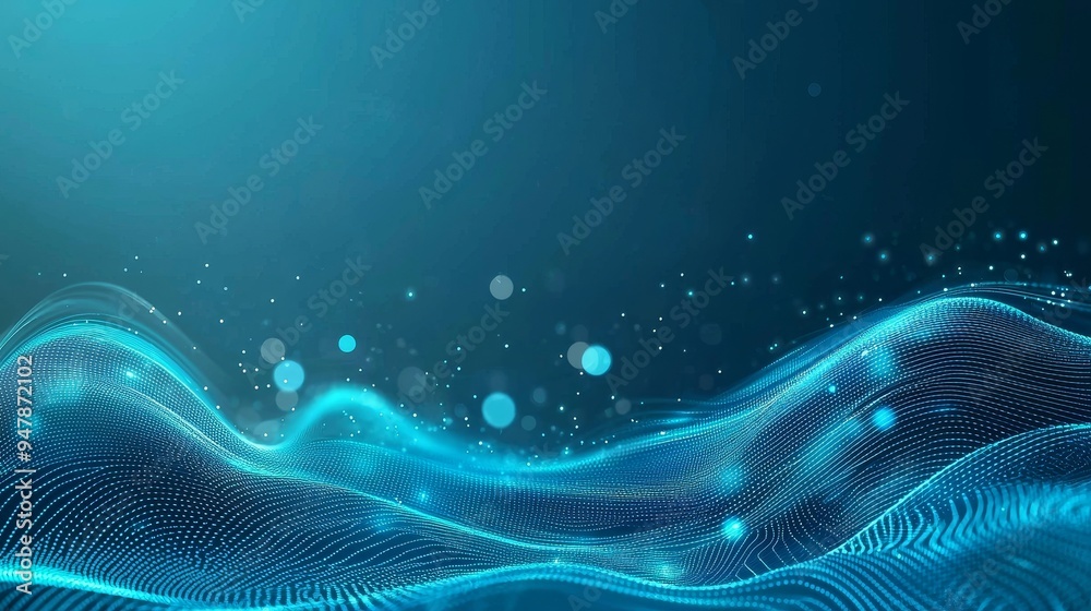 Poster futuristic green dots background with a dynamic wave. 3d rendering.