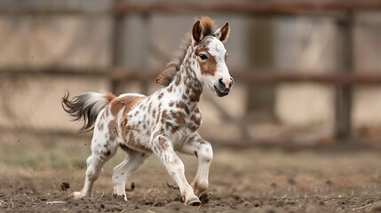 Cute small baby mare with distinct brown and grey patterns plays