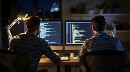 Data Center Technical Department With Server Racks Shown on Desktop Computer Display. Two Professional IT Programmers Discussing Blockchain Data Network Architecture Design and Development.
