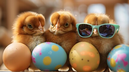Cute small fuzz brown infant chickens with vibrant spotted eggs and stylish eyewear