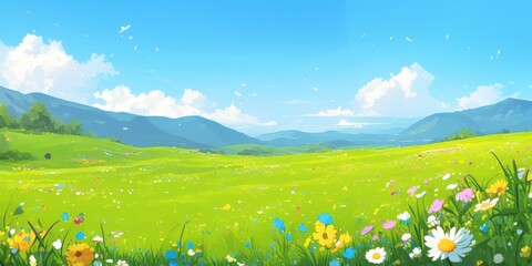 Serene Anime-Style Nature Scene: Lush Green Meadow Adorned with Vibrant Flowers and Distant Mountains. Tranquil Spring or Summer Landscape for Healing, Cultural Themes, and Graphic Design. Minimalist 