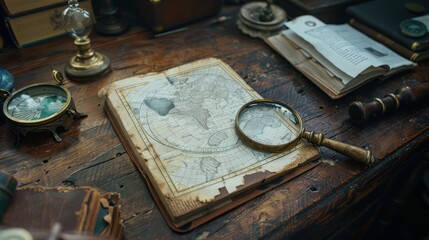 Antique Map, Compass, Magnifying Glass on Wooden Table.