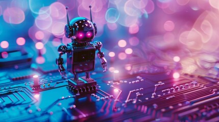 A small robot with glowing eyes stands on a colorful circuit board, surrounded by ethereal pink and blue bokeh lights.