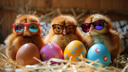 Cute small fuzz brown infant chickens with vibrant spotted eggs and stylish eyewear