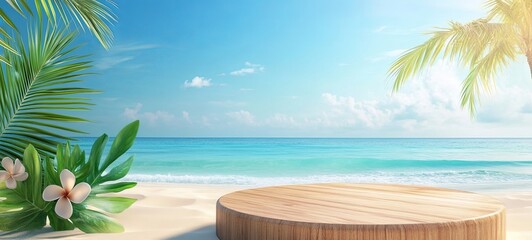 Obraz premium Summer exhibition of products on a wooden podium on a tropical sea beach