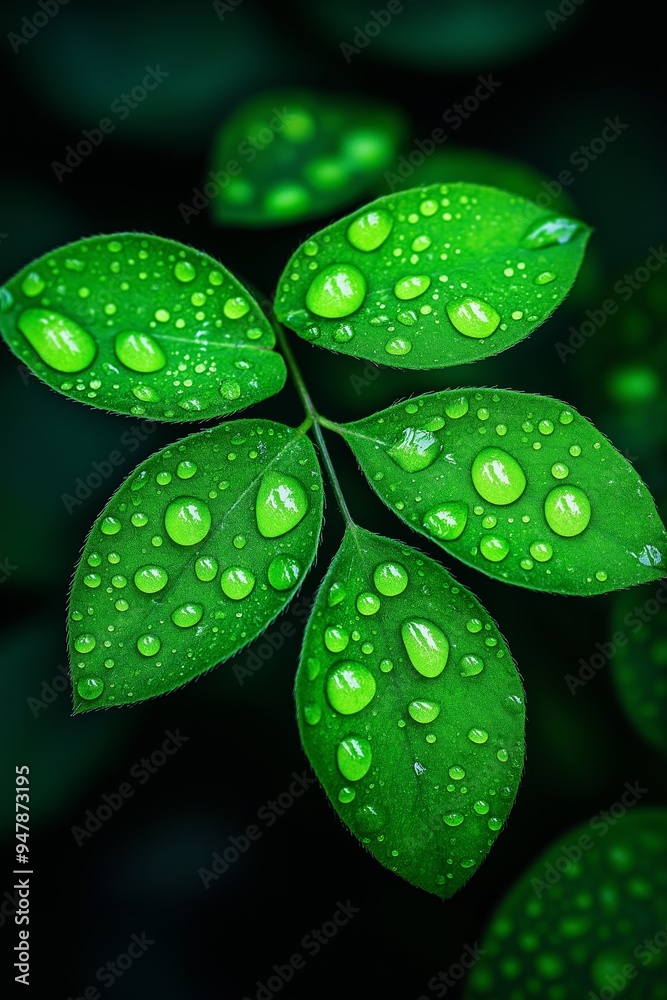 Poster Green leaves with water droplets after a rain shower.