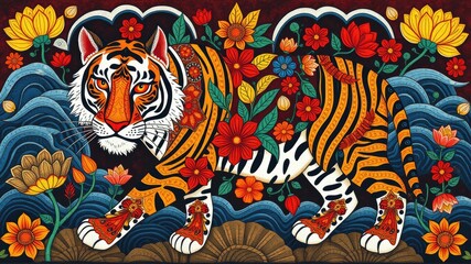 Obraz premium Pattern with tiger, Abstract painting, tiger pattern, flower ornament pattern.seamless pattern with tiger, and flowers