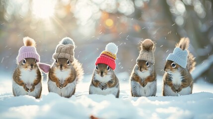 Five cute squirrels wearing tiny winter hats stand in the snow, capturing a whimsical moment of nature dressed in winter attire.