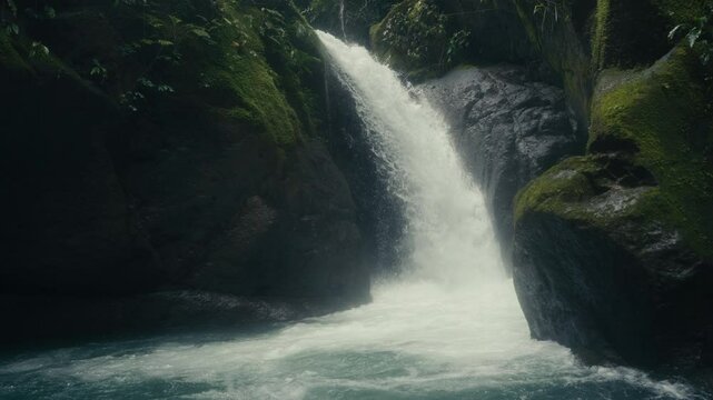Waterfall rushing into a pool of water in a rainforest Jungle