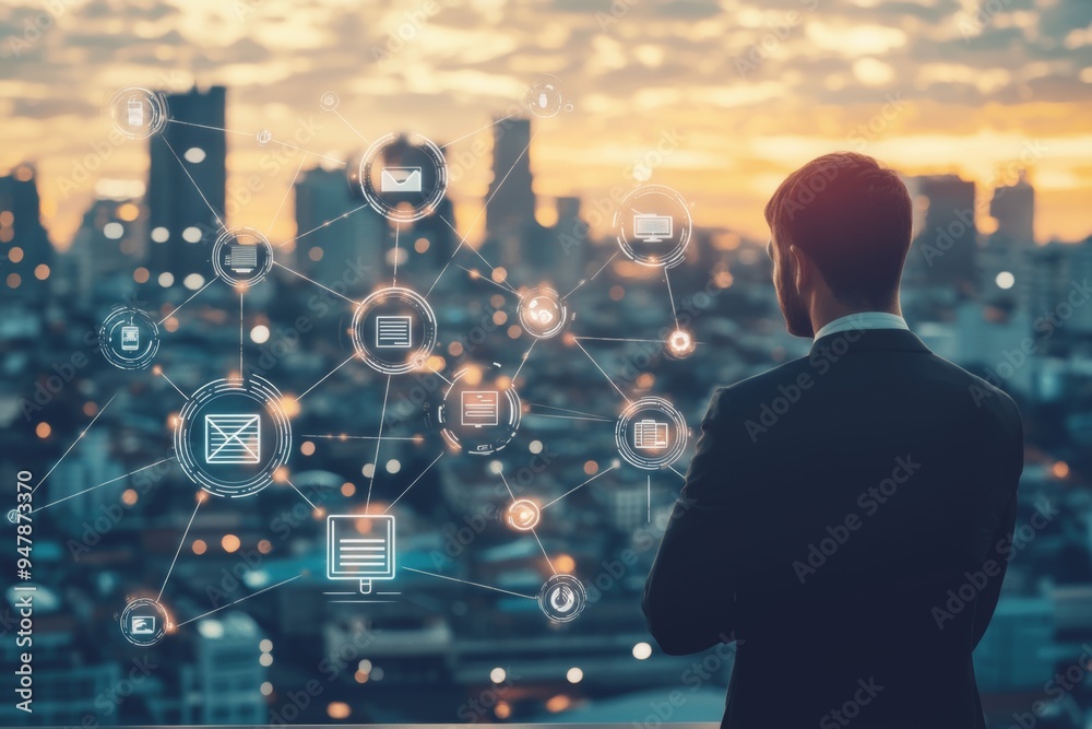 Poster scientists analyze big data analytics visualization technology on screen with machine learning to ex