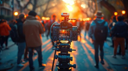 A camera positioned to capture a vibrant festival scene with many people attending, blending into the sunset glow, highlighting the essence of community and festivity.