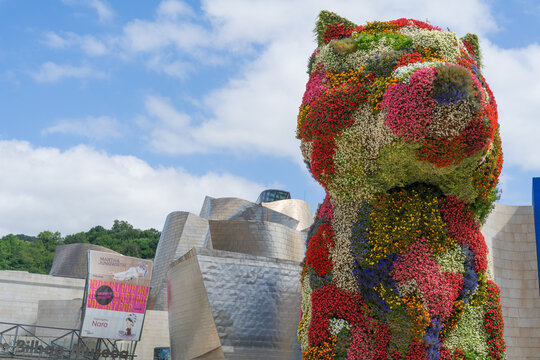 Detail of Puppy, the colorful floral dog by artist Jeff Koons, guarding the entrance to the Guggenheim Museum,August 9, 2024, in Bilbao, Spain.