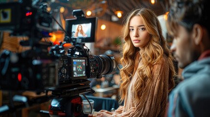A woman with long wavy hair in a beige sweater looks at the camera during filming, with professional recording equipment and lighting focusing on her in a cozy setting.