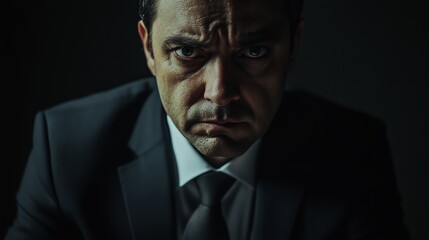 Fototapeta premium A tense businessman staring intensely in a dark room during a high-stakes negotiation late at night