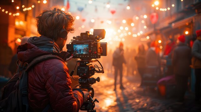 A cameraman in a red jacket is filming an outdoor festive street scene with warm lights and decorations, capturing the ambiance and energy of the lively environment.
