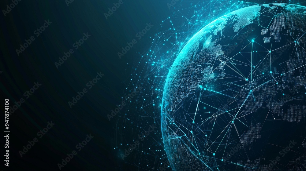 Poster connecting lines around the globe, digital data flow. futuristic technology theme background with li