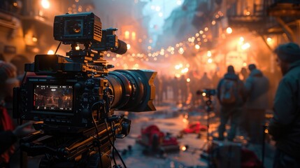 A professional film camera mounted on a tripod is the focal point on a film set, capturing various aspects of a street scene at twilight, indicative of film production work.