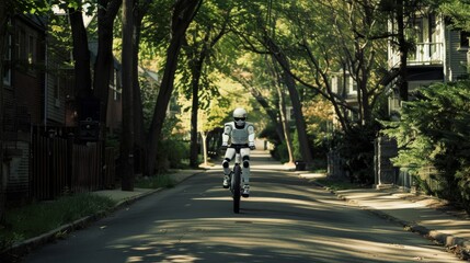 Naklejka premium A futuristic robot rides a bicycle down a serene, tree-lined suburban street, merging technology with everyday life.