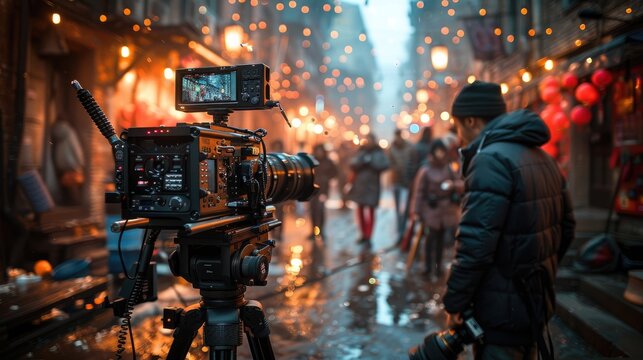 A high-end video camera is set up in a bustling street scene during dusk, capturing the interactions of people amidst a backdrop of warm lights, epitomizing street photography.