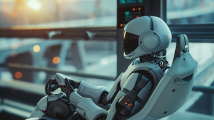 Fototapeta premium A high-tech robot sits pensively, seemingly reflecting amidst a futuristic setting, illuminated by ambient urban lights and a soft sunset glow.