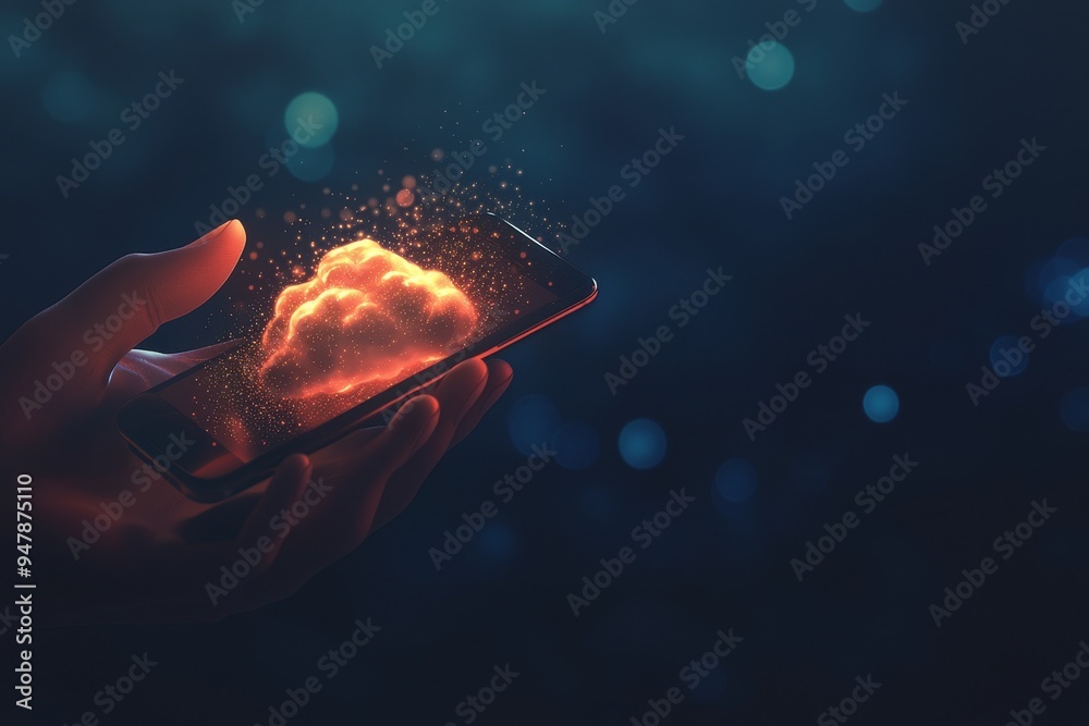 Poster a businessman holds a smartphone equipped with a cloud computing application to perform data transfe