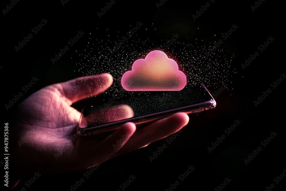 Poster concept of technology transformation depicting a businessman with a mobile phone with cloud computin