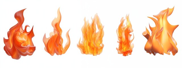 Five 3d flames of different shapes and shades isolated on white background