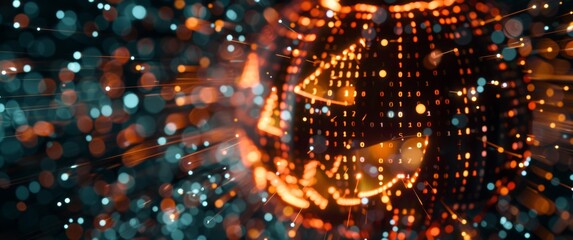 A glowing jack-o'-lantern adorned with binary code, surrounded by vibrant light streaks and abstract bokeh. Halloween image blending traditional design with a futuristic, tech-infused atmosphere