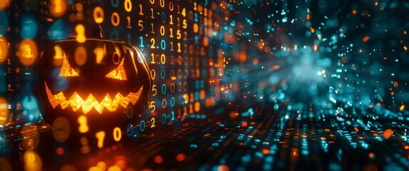 A brightly lit jack-o'-lantern set against a backdrop of cascading digital code in orange and blue, blending Halloween spookiness with a tech-infused atmosphere
