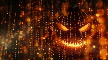 A menacing jack-o'-lantern surrounded by cascading binary code and warm, fiery lights, blending Halloween horror with a futuristic tech atmosphere