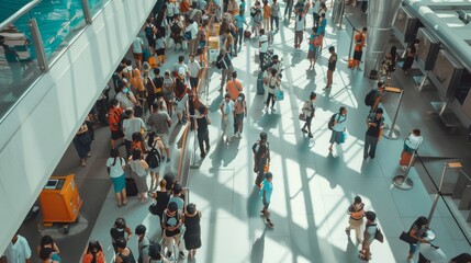 Obraz premium A bustling airport terminal filled with travelers, emphasizing the chaotic and dynamic environment amid bright natural light streaming through the windows.