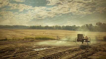 Fototapeta premium Retro Agricultural Charm Vintage Farming Scene with Nostalgic Sprinkler System in Action