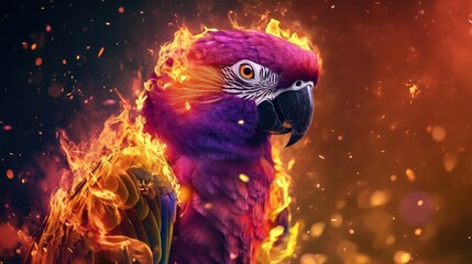 A beautiful big parrot, a slunted eyes, in the fire theme, she is flaming all over the places, lights up the face, purple color fire, the whole body is on fire, micro, photography