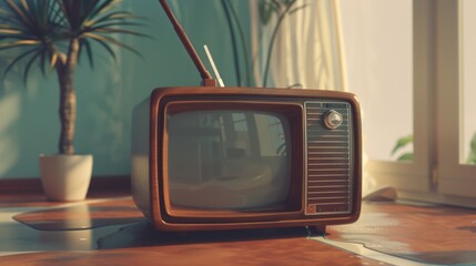 A vintage television sits on a polished floor illuminated by warm sunlight, surrounded by indoor...