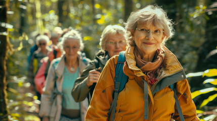 Fototapeta premium Seniors enjoying a guided nature walk through a lush forest on a sunny day, connecting with nature and each other