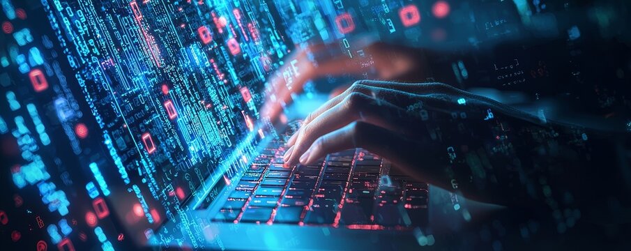 The hand of a business man using a computer is close up to the screen and there is in cyber space decentralized finance AI chatbot code coding background business data analytics programming network