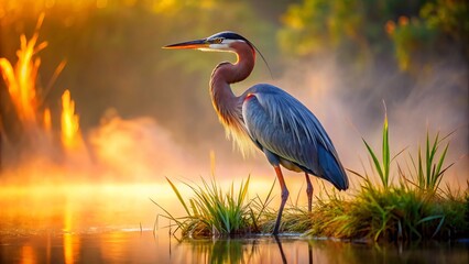 Naklejka premium Soft mist wraps the majestic Purple Heron in ethereal tranquility, its feathers gleaming with subtle striations that seem to absorb and radiate the surrounding energy.