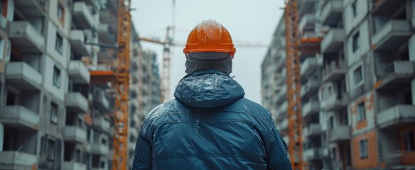 Dressed in warm gear, a construction worker monitors the hectic progress of high-rise buildings, with cranes reaching for the gray sky as snow gently falls around him