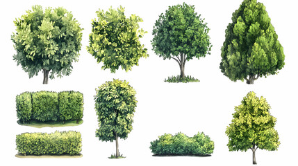 Green Trees and Shrubs Watercolor Illustration