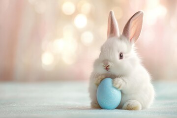 Fototapeta premium Cute Easter Bunny Holding Blue Egg