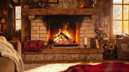 A cozy fireplace with a warm fire, surrounded by rustic decor in a charming cabin, perfect for winter comfort and relaxation.